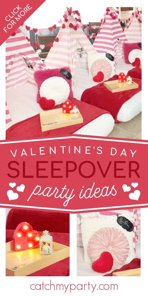 Don't miss this beautiful Valentine's Day slumber party! The teepees are so much fun! See more party ideas and share yours at CatchMyParty.com Valentine Slumber Party, Valentine Sleepover, Sleepover Party Ideas, Heart Cakes, Girls Night In, Party Trends, Birthday Party Activities, Sleepover Party, Slumber Party