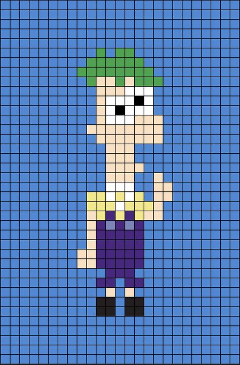 A pixel art template of Ferb Fletcher from the cartoon program Phineas and Ferb. Phineas And Ferb Perler Beads, Phineas And Ferb Pixel Art, Ferb Fletcher, Disney Tapestry, Hama Art, Phineas Y Ferb, Graph Paper Drawings, Doodle Frame, Easy Pixel Art