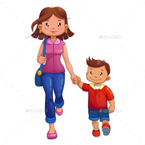 Mom and Son by Lilu330 Cartoon woman and her son are walking, isolated on white, vector illustration August Drawings, Camping Cartoon, Adventure Cartoon, Cartoon Mom, Family Vector, Boy Walking, Mom And Son, Fish Vector, Cartoon People