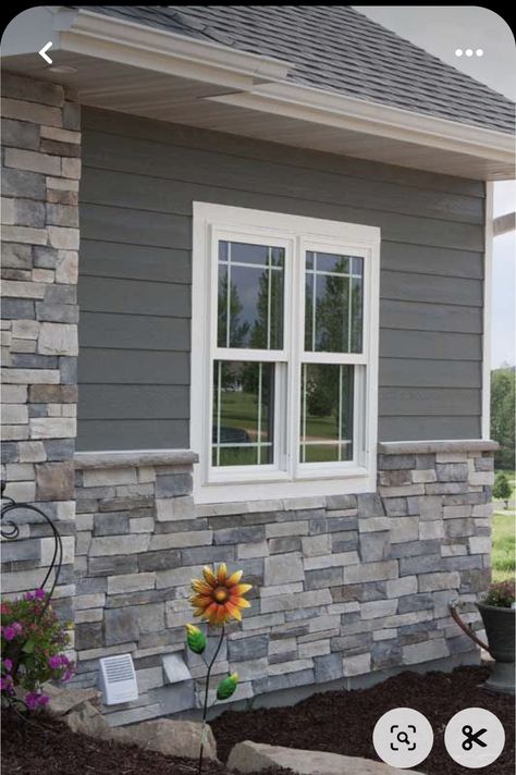 Siding Stone Exterior, Gray Siding With Stone Exterior, Gray Siding And Stone Exterior, Stone Ideas For Front Of House, Outside Stone On House, Stone On Front Of House Exterior, Stone Over Brick Exterior, Grey Exterior House Colors With Stone, Exterior Rock On House