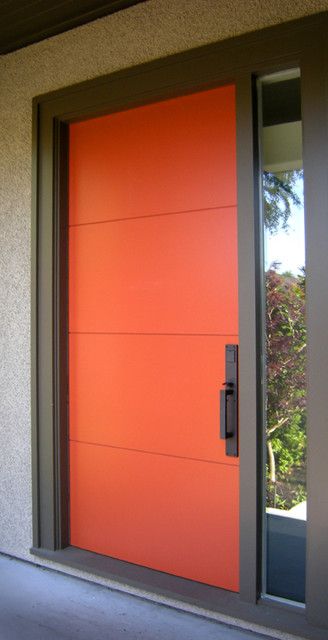 Orange Valdi Door in aluminium and laminated glass. Available in all colours and in timber or composite too. www.valdi.com http://www.boldasbrass.co.uk/ #magazines #news #interiordesign #hall #cottage #pics Orange Front Door, Orange Front Doors, Green Front Doors, Orange Door, Contemporary Front Doors, Beautiful Front Doors, Front Door Paint Colors, Iron Windows, Modern Entrance