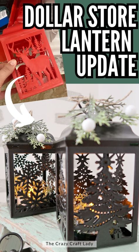 Make a trio of high-end Christmas lights with this Dollar Tree holiday lantern update using bronze metallic spray paint & greenery. Christmas Lanterns Diy, Christmas Lantern Ideas, Lantern Christmas Decor, Lantern Crafts, Tree Lanterns, Chic Christmas Decor, Holiday Lanterns, Dollar Store Christmas Crafts, Metallic Spray Paint