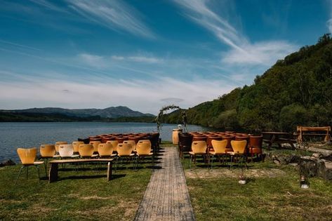 Outdoor wedding ceremony at Venachar Lochside, Scotland Wedding Ceremony Floral Arch, Wedding Venues Scotland, Unusual Wedding Venues, Wedding Ceremony Readings, Fall Wedding Ceremony, Unusual Wedding, Wedding Ceremony Arch, Unusual Weddings, Quirky Wedding