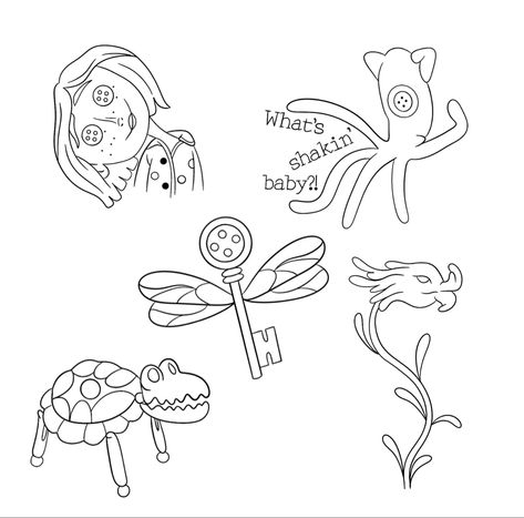 Coraline Small Tattoo, Fine Line Coraline Tattoo, Coraline Flash Sheet, Dragon Snappers Flower Coraline Tattoo, Edgy Flash Tattoos, Coraline Fine Line Tattoo, Coraline Line Art, Easy Coraline Drawings, Coraline Drawing Ideas