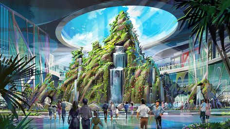 Concept art for a floating gardens concept - produced by Pico Play Creative Director Greg Holt. Garden Concept Architecture, Theme Park Entrance Design Concept Art, Disney World Concept Art, Water Planet Concept Art, Pokemon Architecture, Futuristic Cafe, Zoo Entrance, Futuristic Concept Art, Floating Gardens