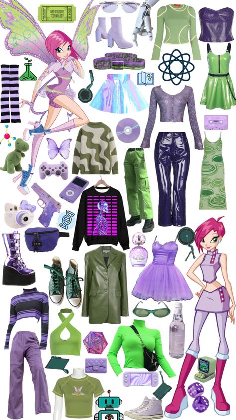 #winxclub #tecna Tecna Outfits Winx Club, Winx Tecna Outfit, Techna Winx Club Costume, Tecna Winx Club Outfit, Winx Club Tecna Outfits, Techna Winx Club Aesthetic, Winx Club Clothes, Tecna Winx Club Aesthetic, Winx Inspired Outfit