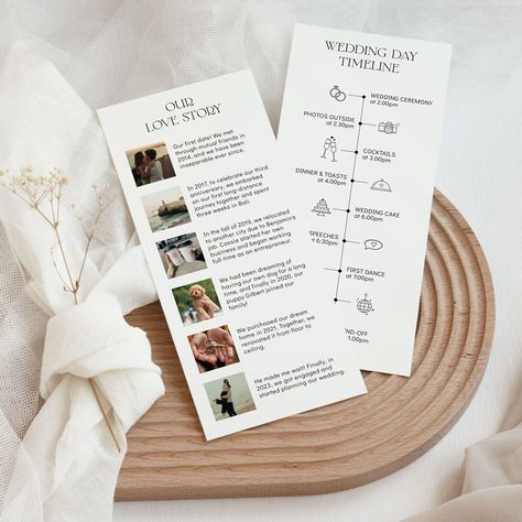 Celebrate your unique love story with our Modern Love Story Wedding Program Template. This striking 4x9" design, adorned with charming wedding icons, guides you through crafting a personalized timeline – weaving in cherished photos and heartfelt memories.  It's a keepsake your guests will treasure, a tangible reflection of the modern love story that began with you.    .#WeddingInvitations #DIYWedding #WeddingStationery #WeddingInspiration #WeddingPlanning Unique Personal Wedding Touches, His Story Her Story Their Story Wedding, Our Story Wedding, Wedding Personal Touches, Outside Wedding Ceremonies, Wedding Timeline Template, Printable Programs, Program Wedding, Wedding Day Schedule