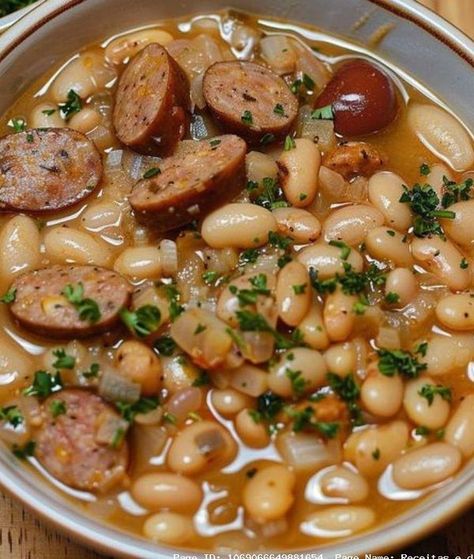 White Beans And Sausage, Sausage Bowl, Bean And Sausage Soup, White Bean Recipes, Beans And Sausage, Rustic Recipes, Sausage Soup, Cooking White Rice, Great Northern Beans