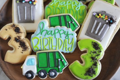 Trash Truck Cookies, Garbage Truck Birthday Cookies, Garbage Truck Cookies, Trash Truck Birthday Cake, Monster Truck Cookies Birthday, Trash Bash Birthday Party, Trash Truck Cartoon Birthday Party, Abby Howard, Trash Truck Birthday Party