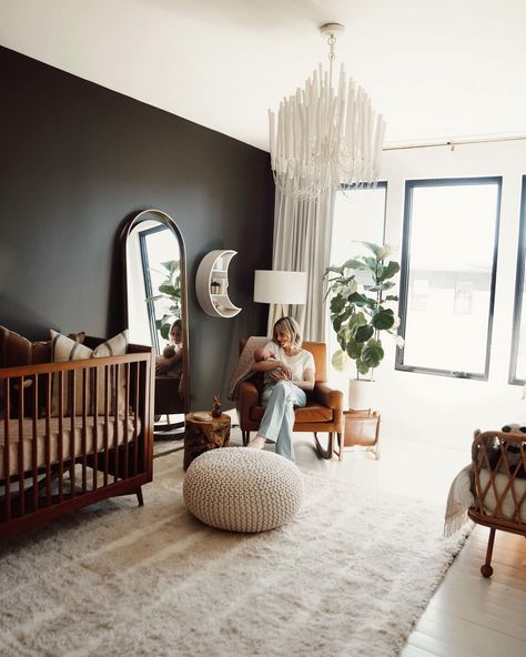 Mary Lawless Lee on Instagram: “NURSERY REVEAL!! Excited to finally share Indie's room with you guys. By far one of my favorite interior projects to date. From day one I…” Eclectic Nursery Boy, Indie Nursery, Dark Wood Nursery, Dark Nursery, Brown Crib, Textured Feature Wall, Eclectic Nursery, Wood Nursery, Boy’s Room