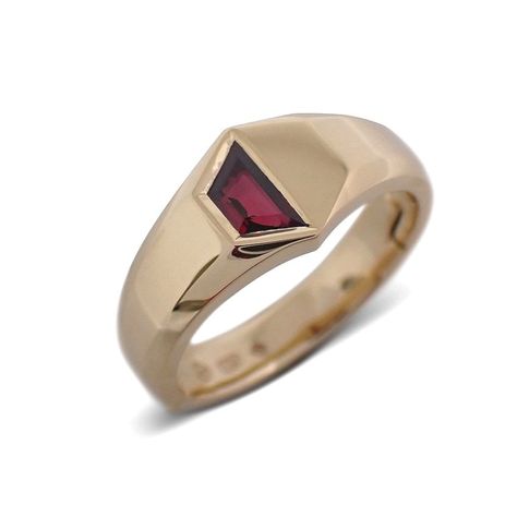 A bold trapezoid shaped ruby, set into a hexagon signet ring, handmade in solid yellow gold. This ring has a hinge mechanism to accomodate a large knuckle, for correct fit and ease of wear. Kate Higgins, Ruby Set, Signet Ring Men, Yellow Gold Wedding Ring, Gold Wedding Ring, Gold Signet Ring, Ruby Ring, Mens Wedding Rings, Men's Rings