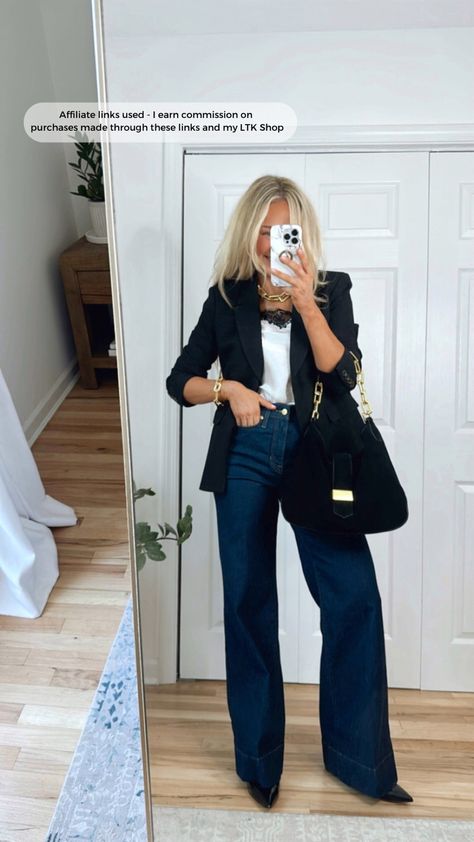 Madelyn blazer in four-season … curated on LTK Jeans Blazer Work Outfit, Blazer Work Outfit, Jeans Blazer, Chic Fall Outfits, Lace Trim Top, Four Season, Dinner Outfits, Blazer With Jeans, Basic Outfits