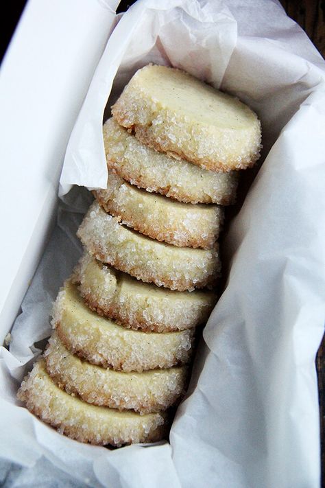 Dorie Greenspan's vanilla bean sablés — a favorite holiday cookie! These sablé cookies are akin to shortbread: perfectly sweet, nicely salty, and sandy textured. A sugar crust makes for a festive and elegant presentation. #sugar #cookies #shortbread #Christmas #holiday #baking #sables #vanilla #bean #gifts Chard Pasta, Sable Cookies, Dorie Greenspan, Rainbow Chard, Beans Recipe, Swiss Chard, Chard, Tea Cakes, No Bake Cookies