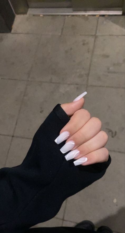 White Nails With Designs Ballerina, White Nails White Design, White Nail Designs Ballerina, Vacation Nails Ballerina Shape, White Ballerina Nails Design, Acrylic Nails With White Base, Trendy Nails Ballerina Short, Nail Inspo Ballerina Shape, Nail Inspo Acrylic White