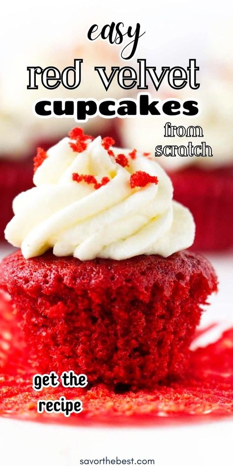 These red velvet cupcakes have a moist, velvety texture and tender crumb. This is a classic old-fashioned recipe that you can use for regular-sized cupcakes or min cupcakes.They will make an impression with their rich flavor and creamy frosting. This is an easy dessert recipe and the creamy frosting is amazing. Best Red Velvet Cupcakes, Easy Red Velvet Cupcakes, Red Velvet Cupcakes Recipe, Easy Red Velvet, Red Velvet Flavor, Buttercream Frosting For Cupcakes, Red Velvet Cupcake, Cream Cheese Frosting Recipe, Vanilla Buttercream Frosting