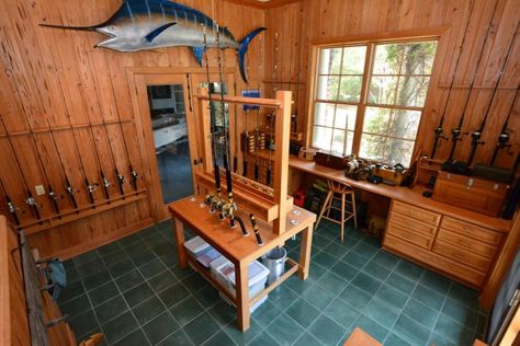 Fishing Tackle Room, Fishing Man Cave, Guitar Shelf, Fishing Storage, Fishing Rod Rack, Fishing Tackle Storage, Fishing Room, Rod Rack, Ocean Green