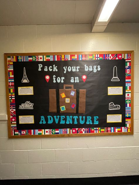 #studyabroad #reslife Traveling Bulletin Board, Study Abroad Bulletin Board, Travel Bulletin Board Ideas Classroom, Adventure Themed Bulletin Boards, Ra Travel Theme Bulletin Boards, Travel Theme Bulletin Board, Adventure Awaits Bulletin Board, Adventure Bulletin Board, Travel Bulletin Boards