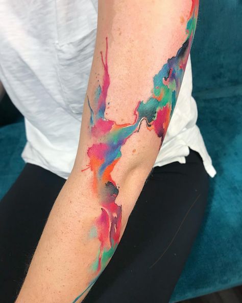 Ondrash Tattoo, Geometric Watercolor Tattoo, Watercolor Tattoo Artists, Watercolor Rose Tattoos, Pride Tattoo, Brush Tattoo, Bright Tattoos, Rainbow Tattoos, Upper Arm Tattoos