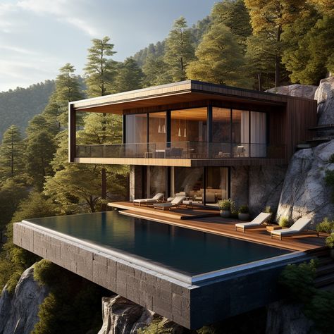 Modern houses on the cliffs with a swimming pool Modern Forest House Exterior, Cliff Houses, House Near River, Australian Beach House, Houses By The Beach, Modern Wooden House, Cliff House, Luxury Beach House, Hillside House