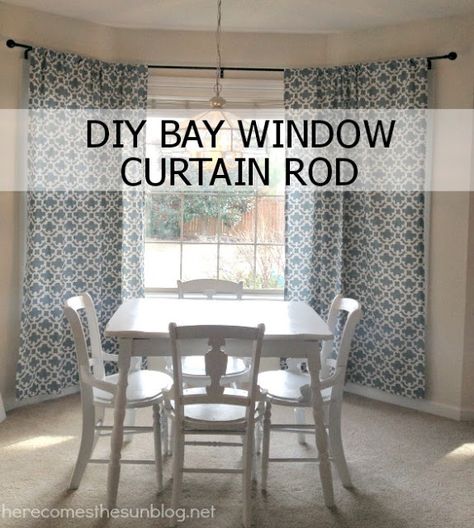 Diy Bay Window Curtain Rod, Diy Bay Window Curtains, Diy Bay Window, Bold Curtains, Bay Window Treatments, Bay Window Curtain Rod, Bay Window Curtain, Diy Curtain Rods, Bay Window Curtains