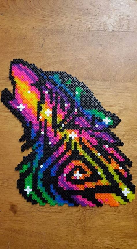 Rainbow Galaxy Wolf perler by LadyRaveicorn - Kandi Photos on Kandi Patterns Perler Bead Designs, Galaxy Wolf, Perler Creations, Melty Bead Patterns, Pearl Beads Pattern, Art Perle, Perler Art, 8bit Art, Hama Beads Design