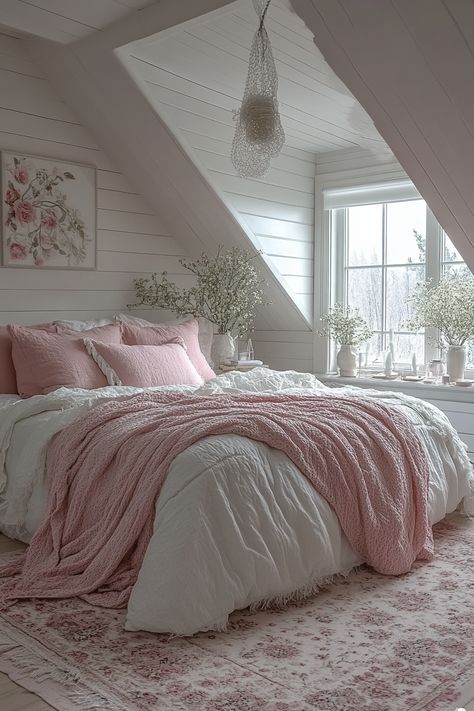 Design a white and pink bedroom that's perfect for a teenage girl. Explore a range of styles, from playful and colorful to sophisticated and chic. Find inspiration for incorporating popular elements like fairy lights, colorful accents, and personalized touches.  Discover how to create a white and pink bedroom design that reflects her individual style and personality. White Pink Bedroom Ideas, White And Pink Bedroom Ideas, Slanted Roof Bedroom, White Pink Bedroom, White And Pink Bedroom, Pink Bed Canopy, Pink Bedside Tables, Cosy Bedrooms, White Floorboards