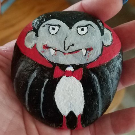 Count Dracula, Painted Stone, Rock Ideas, All Holidays, Painted Rock, Stone Art, Dracula, Stone Painting, Painted Rocks