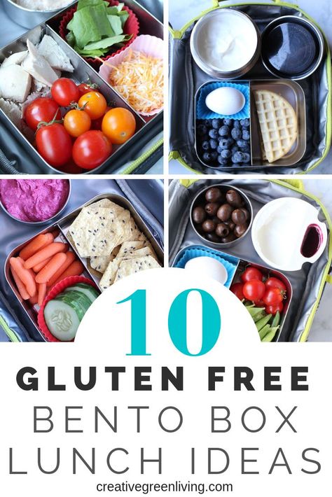 10 easy gluten free lunch ideas. These are all quick and healthy meals that are perfect for kids or for adults. Bring these simple bento box means to school, work or on the go. Sponsored. #creativegreenliving #glutenfree #bentobox #glutenfreerecipes #lunches #lunchideas #lunchboxideas #schoollunch #schoollunchideas #bentolunch #lunch #mealprep #backtoschool Gluten Free Bento Box Lunch, Easy Gluten Free Lunch Ideas, Simple Bento Box, Gluten Free Lunch Ideas, Gluten Free Picnic, Gluten Free School Lunches, Simple Bento, Bento Box Lunch Ideas, Box Lunch Ideas