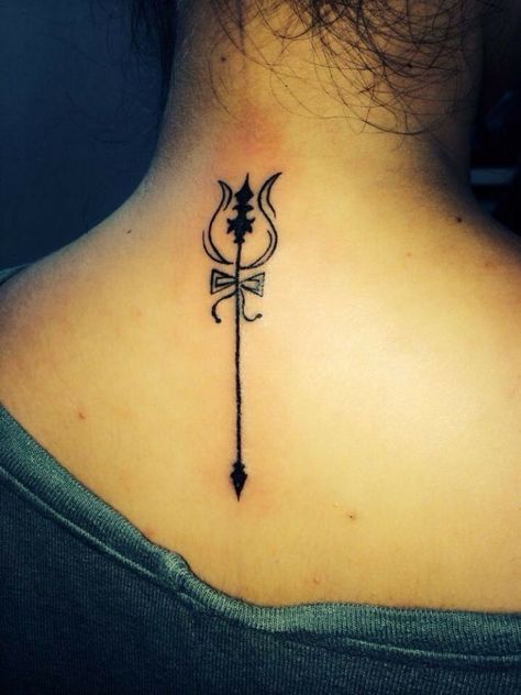 Shiva Tattoo For Girls On Back Small Minimal Beautiful. Comment If You Want Similar For Yourself Tattoo Font For Men, Trident Tattoo, Trishul Tattoo Designs, Om Tattoo Design, Simple Tattoos For Guys, Shiva Tattoo Design, Back Of Neck Tattoo, Shiva Tattoo, Neck Tattoo For Guys