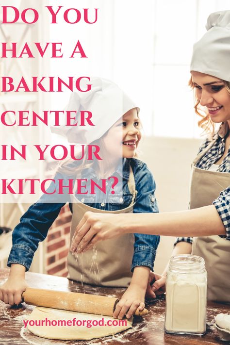 Do You Have a Baking Center in Your Kitchen? How to Organize Your Kitchen to Save You Time. Organization tips, how to teach your kids to help, chores, working together, where to put things in cupboards, setting up a baking station, clearing your countertops, and more! #yourhomeforgod #organization #inyourkitchen #cupboards #organizing #decluttering #children #chores #teachingchildren #work #Homeschooling #moms Baker Area In Kitchen, Baking Centers In Kitchen, Baking Center In Kitchen, Kitchen Baking Center, Kitchen Baking Station, Children Chores, Time Organization, Kitchen Cleaning Checklist, Baking Center