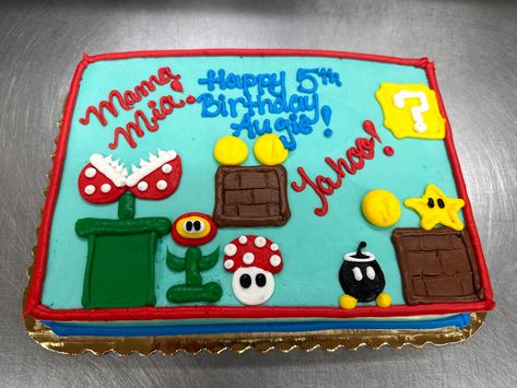 Super Mario Bros Sheet Cake, Super Mario Cookie Cake, Super Mario Sheet Cake, Mario Sheet Cake, Cake Piping Designs, Pretty Pastries, Cookie Cake Designs, Video Game Cakes, Sheet Cake Designs