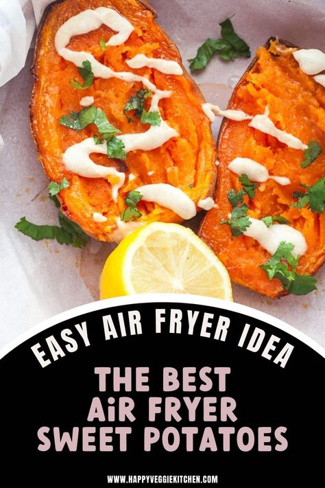 A quick and easy way to make baked sweet potatoes in the air fryer! If you only need one or two, there is no need to turn the oven on! This is perfect for lunchtime or a simple side dish. Baking them in halves is quicker than whole, and you can add your favorite baked potato fillings on top! Baked Potato Fillings, Potatoes In The Air Fryer, Easy Sweet Potato Recipes, Sweet Potato Baby Food, Sweet Potato Oven, Sweet Potato Toppings, Sweet Potato Recipes Baked, Baked Sweet Potatoes, Sweet Potato Spinach