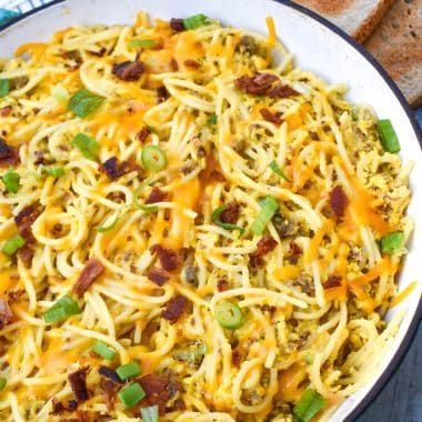 Sausage Egg & Cheese Breakfast Spaghetti - 4 Sons 'R' Us Breakfast Spaghetti, Breakfast Pasta, Best Scrambled Eggs, Eggs Cheese Breakfast, Peasant Food, Food Meaning, Fluffy Scrambled Eggs, Cheese Breakfast, Egg Cheese