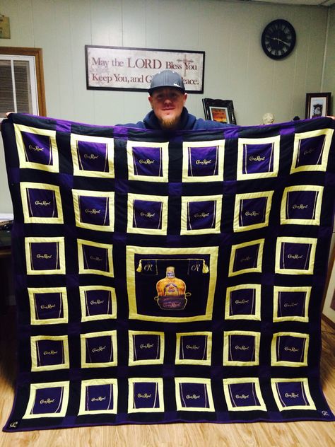 Crown Royal Quilt  I made this for Wes Crown Royal Bag Quilt, Crown Bag, Crown Royal Crafts, Crown Royal Quilt, Baby Boy Quilt Patterns, Crown Royal Bottle, Cat Bags, Crown Royal Bags, Boys Quilt Patterns