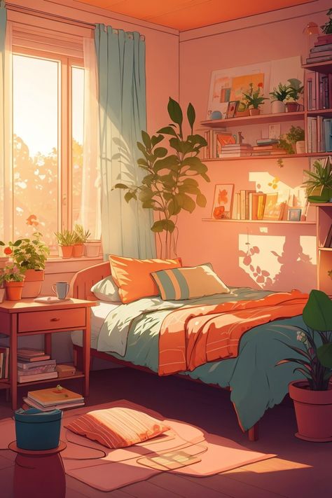 Apartment room wallpaper design, colorful ✨ Peachy Room Aesthetic, Animated Room Background, Room Background Drawing, Lofi Painting, Cozy Room Drawing, Room Illustration Art, Lofi Bedroom, Bar Decoration Ideas, Coffee Bar Decor Ideas