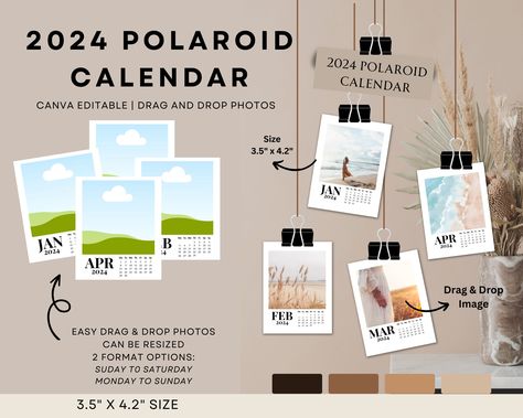 "Title: Editable Canva Template - 2024 Polaroid Calendar Description: 🌟 Create stunning polaroid sized Calendar to make your personalized souvenir items and gifts effortlessly with this editable Canva template, just click and drag the design you want! Add canva elements and done! Ready to print, cut and assemble 🚀 ✨ Features: Instant access to a fully customizable Canva template (Canva Free friendly) Edit text, colors, and images to suit your style High-quality design for a professional look Create stunning designs perfect as party favours and gifts Size: 3.5\" x 4.2\"  🎨 Customizable: Personalize this template to match your brand or style. Change colors, fonts, and images with just a few clicks. 📐 Perfect for: Small Business owners creating printable files Party Specialists who offer Polaroid Calendar, Christmas Party Giveaways, Business Daily Planner, Business Planner Printables, Goal Planner Free, Daily Planner Printables Free, Aesthetic Planner, Polaroid Template, Party Giveaways