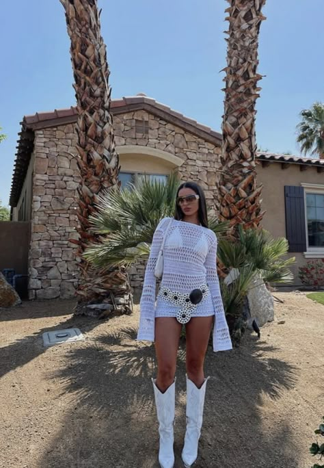 festival outfit, all white, coachella, cut out dress, knee high boots, Mesh Dress Festival Outfit, White Cowboy Boots Outfit Festival, Coachella Boots Outfits, Groovy Festival Outfits, Rnv Outfit, Coachella Skirt Outfit, Festival Outfit With Boots, White Dress Festival Outfit, White Festival Dress