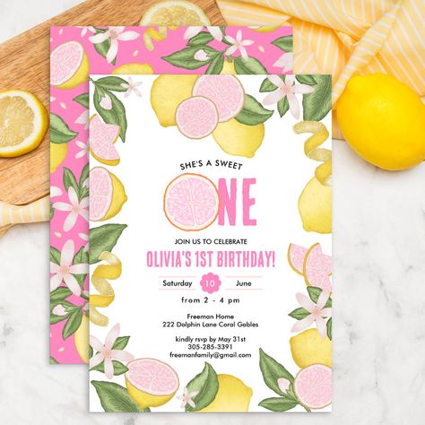 First Birthday Girl Summer, Pink Lemonade Party, Winter Invitations, Surprise Birthday Invitations, Baby Birthday Decorations, Lemonade Party, 1st Birthday Party Themes, 1st Birthday Party Invitations, First Birthday Party Themes