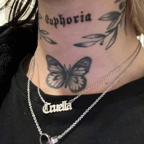 Cruella Morgan, Neck Tats Women, Throat Tattoos Women, Throat Tattoo Ideas, Name Tattoos On Neck, Chest Tattoo Designs Female, Throat Tattoos, Butterfly Neck Tattoo, Gang Tattoos