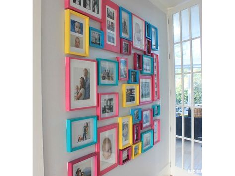 Colorful Picture Frames On The Wall Family Photos, Colourful Picture Frames, Rainbow Photo Frame, Colourful Photo Frames, Bright Picture Frames, Colorful Picture Frames, Resene Colours, Travel Room, Family Photo Wall