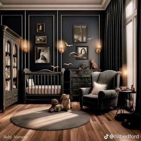 Dark Nursery Aesthetic, Black Themed Nursery, Adams Family Nursery, Dark Vintage Nursery, Dark Nursery Ideas Boys, Moody Nursery Girl, Witchy Baby Nursery, Witchy Nursery Ideas, Dark Baby Room