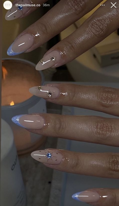 Coquet Nails, Aura Nail Designs Almond, Xs Almond Nails, Nails For Moms, Simple Summer Nails Almond, Acrylic Nails With Gems, Ethereal Nails, Dainty Nails, Detailed Nails