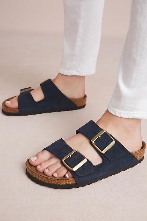 Birkin Stocks Sandals, Sandals Aesthetic Outfit, Navy Birkenstocks, Birkenstocks Aesthetic, Sandal Aesthetic, Birkenstock Slides, Sandals Aesthetic, Birkenstock Slippers, Sandal Kulit