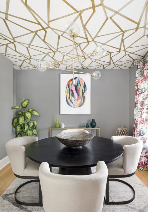 The geometric gold tape perfectly compliments the statement lighting Light Pink Walls, Pink Floral Wallpaper, Ceiling Wallpaper, Breakfast Nooks, Wallpaper Ceiling, Farmhouse Side Table, Contemporary Light Fixtures, Cute Dorm Rooms, Bungalow Design