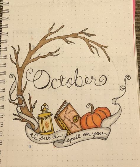 22 Spinetingling October Bullet Journal Ideas   #diyideas #bujo #bujoideas #bulletjournal #octoberbujo October Scrapbook Ideas, October Bullet Journal Ideas, October Bullet Journal Cover, October Cover Page, Notesbog Design, October Journal, Bullet Journal Halloween, October Bullet Journal, Autumn Journal