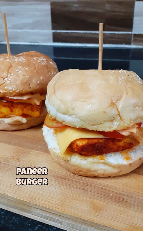 Spicy Paneer burger | Quick paneer burger | Paneer burger recipe | - Abu's Cookbook Paneer Burger Recipe, Paneer Burger, Happy Cooking, Burger Sauce, Chaat Masala, Burger Recipe, Red Chili Powder, Burger Buns, Red Chili