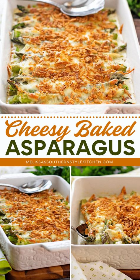 A side dish everyone will rave about! This Cheesy Baked Asparagus combines tender asparagus with a luscious cream sauce, two kinds of cheese, and a crispy French fried onion topping. It’s perfect for your Christmas side dish recipes! Cheesy Baked Asparagus, Christmas Side Dish, Asparagus Side Dish, Easy Dinner Sides, Steak Sides, Melissas Southern Style Kitchen, Side Dishes For Ham, Christmas Side Dish Recipes, Asparagus Casserole