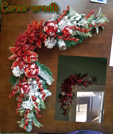 Doorway Christmas Decor, Corner Wreath, Christmas Corner, Square Wreath, Christmas Floral Arrangements, Dollar Tree Christmas, Christmas Door Decorations, Christmas Decor Ideas, Christmas Floral