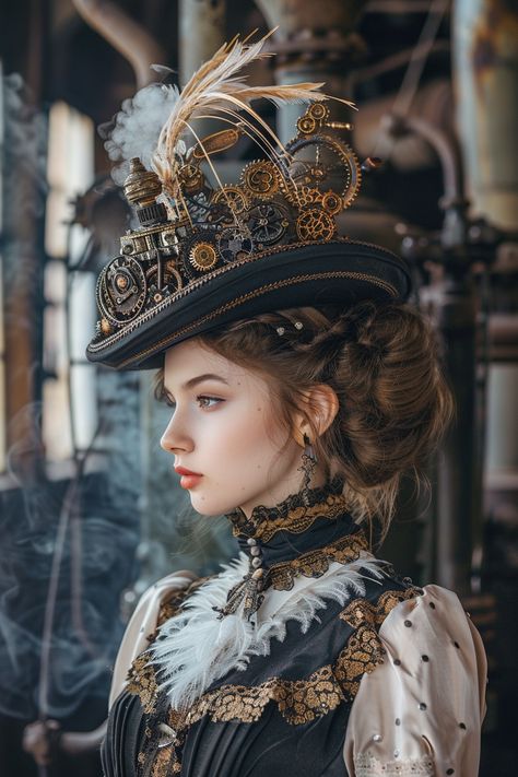 Entrez dans un monde de créativité steampunk avec ce fascinateur fashion à la pointe de l'élégance et de l'innovation. Laissez-vous emporter par le mélange unique de plumes métalliques, d'engrenages et d'une mini-machinerie à vapeur fonctionnelle, émettant une légère bouffée de vapeur. Imaginez-vous arborant cet accessoire audacieux, tout Steampunk Female, Victorian Steampunk Costume, Steampunk Fashion Women, Steampunk Circus, Steampunk Elements, Witches Night, Witches Night Out, Steampunk Costumes, Steampunk Illustration