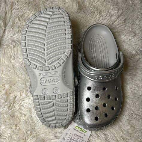 These Are A Big Kid Size Crocs However If You Look At The Size Conversions In The Picture You Can See That If You Are A Size 8 In Women’s You Can Fit In These Crocs. They Are Just A Bit Wide For My Narrow Foot So Keep That In Mind. Excellent Condition New With Tag Color:Silver Denim Slides, Green Platform, Purple Sandals, Juicy Couture Charms, Zara Kids, Kids Sandals, Linen Bag, Blue Sandals, Sandals Flip Flops